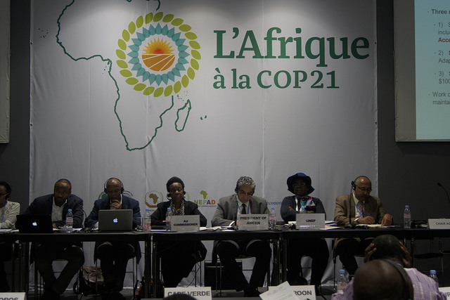 Dr Khaled Fahmy, Minister of Environment of Egypt, and President of the AMCEN flanked by African Negotiators at the event (PHOTO: ClimateReporters/Atayi Babs)