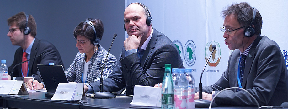L-R: Peter Janoska, Analyst, International Energy Agency; Catherine Lee, Founder, Lee International; Philipp Hauser, Vice Chair, Project Developer Forum; Gareth Phillips, Chief Climate Change and Green Officer, AfDB at the event (PHOTO: IISD)