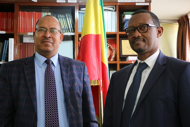 Ethiopian Water Minister, Hon Motuma Mekassa and Dr. Canisius Kanangire, Executive Secretary, AMCOW (PHOTO: ClimateReporters/Atâyi Babs)