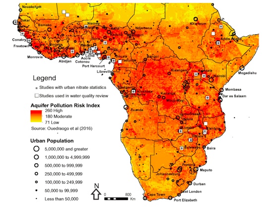 Fig. 1 Relationship between urban centres in sub-Saharan Africa (SSA) and estimated aquifer pollution risk using an intrinsic aquifer modelling approach (Ouedraogo et al. 2016). The location of studies included in the paper are shown. Major cities in SSA are shown and are from the ESRI cities dataset (2006) 