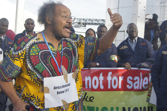 Dr G Shaddad of the Pan African Climate Justice at a rally on African demands (PHOTO: ClimateReporters/Atayi Babs)