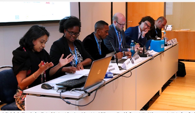 (L-R) Achala Abeysinghe, Chair of the Least Developed Countries (LDC) Group, Yamide Dagnet, World Resources Institute; Sam Ogallah, Pan African Climate Justice Alliance; Harro van Asselt, University of Eastern Finland; Stockholm Environmentl Institute; Sebastien Duyck, University of Lapland; Dimitrios Zevgolis, Directorate-General for Climate Action, European Commission at the event