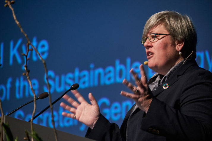 Rachel Kyte, CEO of SE4ALL and special representative of the UN Secretary general, speaks at the Iceland Geothermal Conference at Harpa in Reykjavik, Iceland, 27 April 2016. This year the conference focuses on advantages of utilising geothermal energy.  EPA/ANTON BRINK HANSEN ICELAND OUT