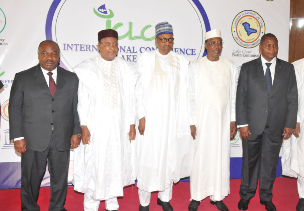 From left: President Ali Bomgo of Gabon; Chairman of the Heads of State and Government of the Lake Chad Basin Commission/President of Niger Republic Mahamaou Issoufou; President Muhammadu Buhari;  President Idris Debby Itno of Tchad and the ,  at the International Conference on saving the Lake Chad  in Abuja on  Wednesday  (PHOTO: NAN)