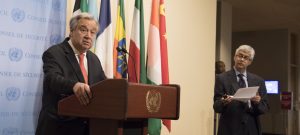 Secretary-General António Guterres briefs the press at Headquarters on climate change. UN Photo/Eskinder Debebe 