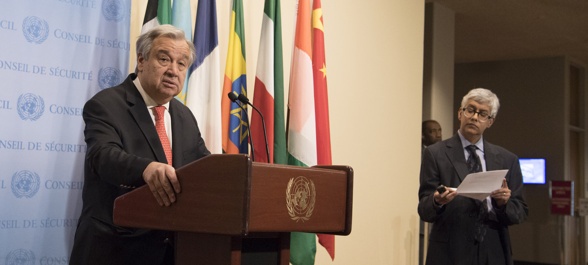 Secretary-General António Guterres briefs the press at Headquarters on climate change. UN Photo/Eskinder Debebe 