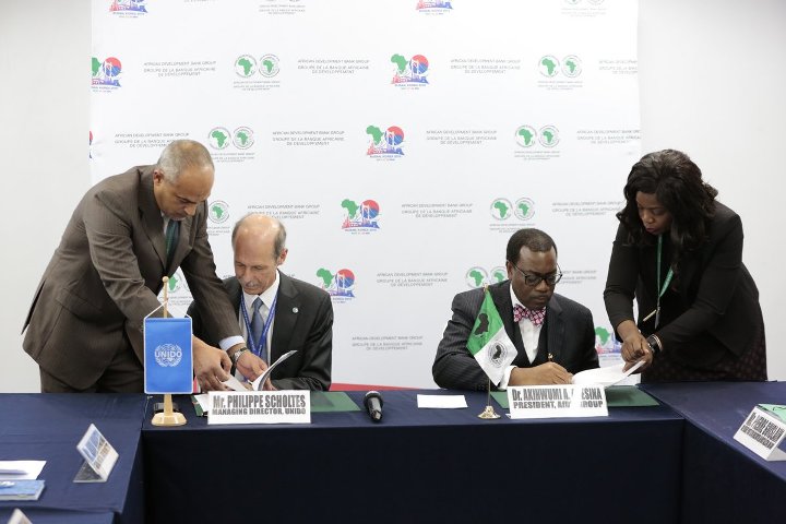 AfDB President Akinwumi Adesina and UNIDO MD Philippe Scholtès at the signing ceremony