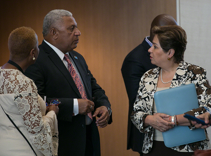 Prime Minister Frank Bainimarama, and COP 23 President, Fiji, and UNFCCC Executive Secretary Patricia Espinosa at Bonn climate conference 7th May 2018 (PHOTO: ENB/IISD)