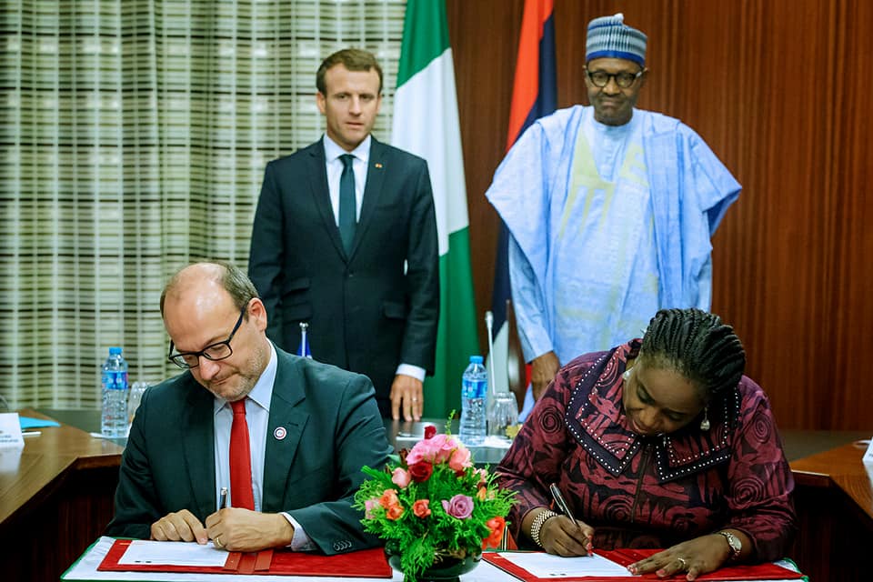 Presidents Buhari and Macron during one of the signing ceremonies 