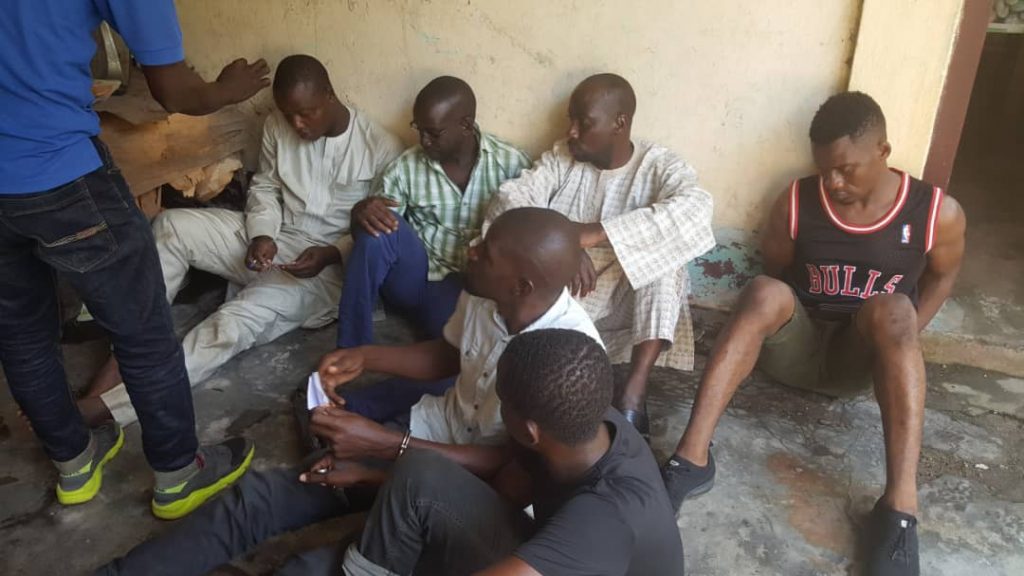 The six men accused of smuggling more than 700 kilograms of endangered pangolins and pangolin scales into Cameroon (PHOTO: ClimateReporters/Elias Ntungwe)